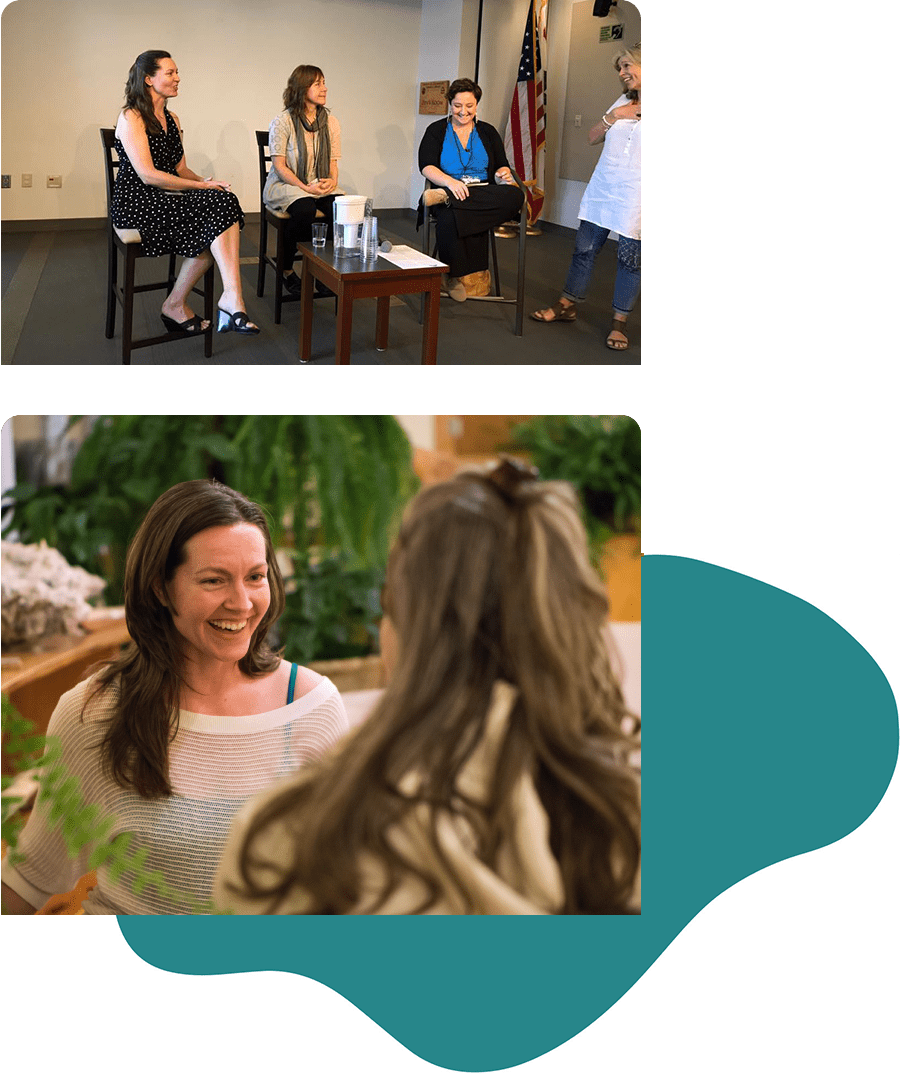 Two images of Lauren Polly: the first shows her at a panel discussion on mental health and creativity at the Topanga Literary Festival, seated with other speakers as the host introduces them; the second shows her speaking to a student at a self-care workshop.