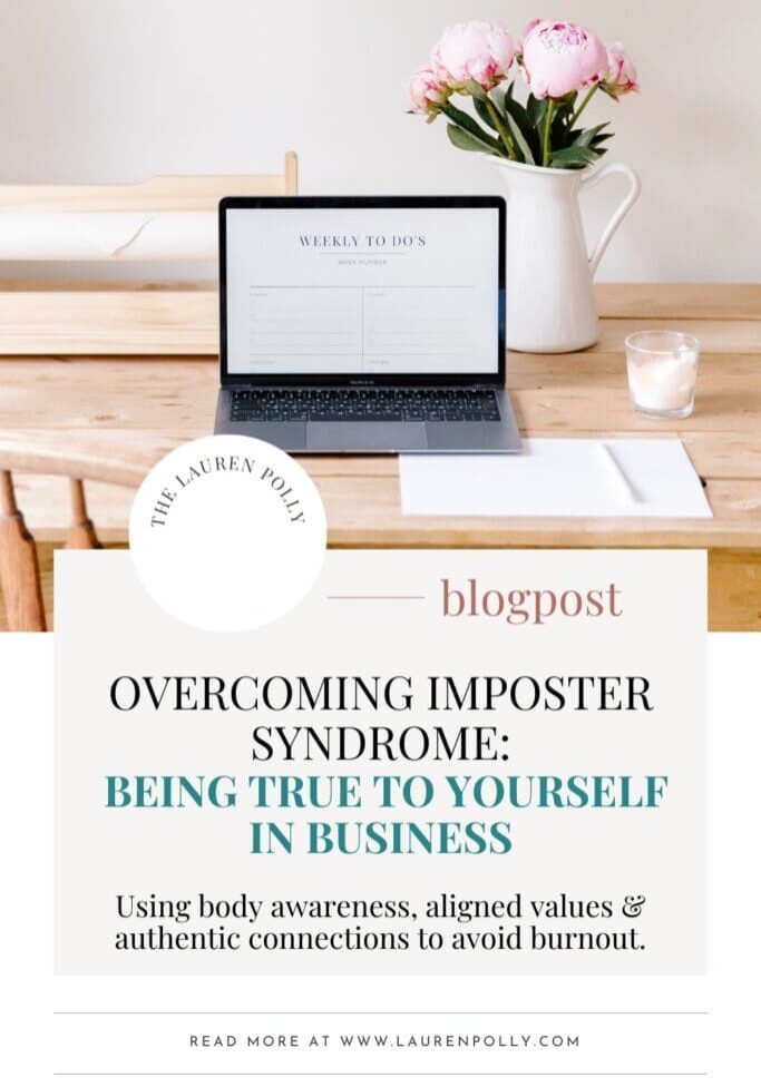 Text reads 'Overcoming Imposter Syndrome: Being True to Yourself in Business' displayed on a women's entrepreneur's desk with a laptop and flowers.